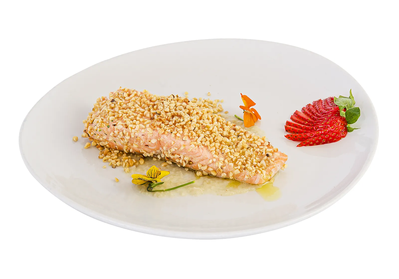 Trancio di Salmone con Granella di Nocciole e Salsa Topinambur