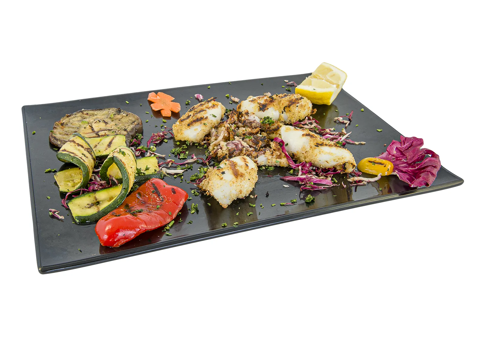 Calamaro ai Ferri, Rucola, Glassa e Verdure Grigliate